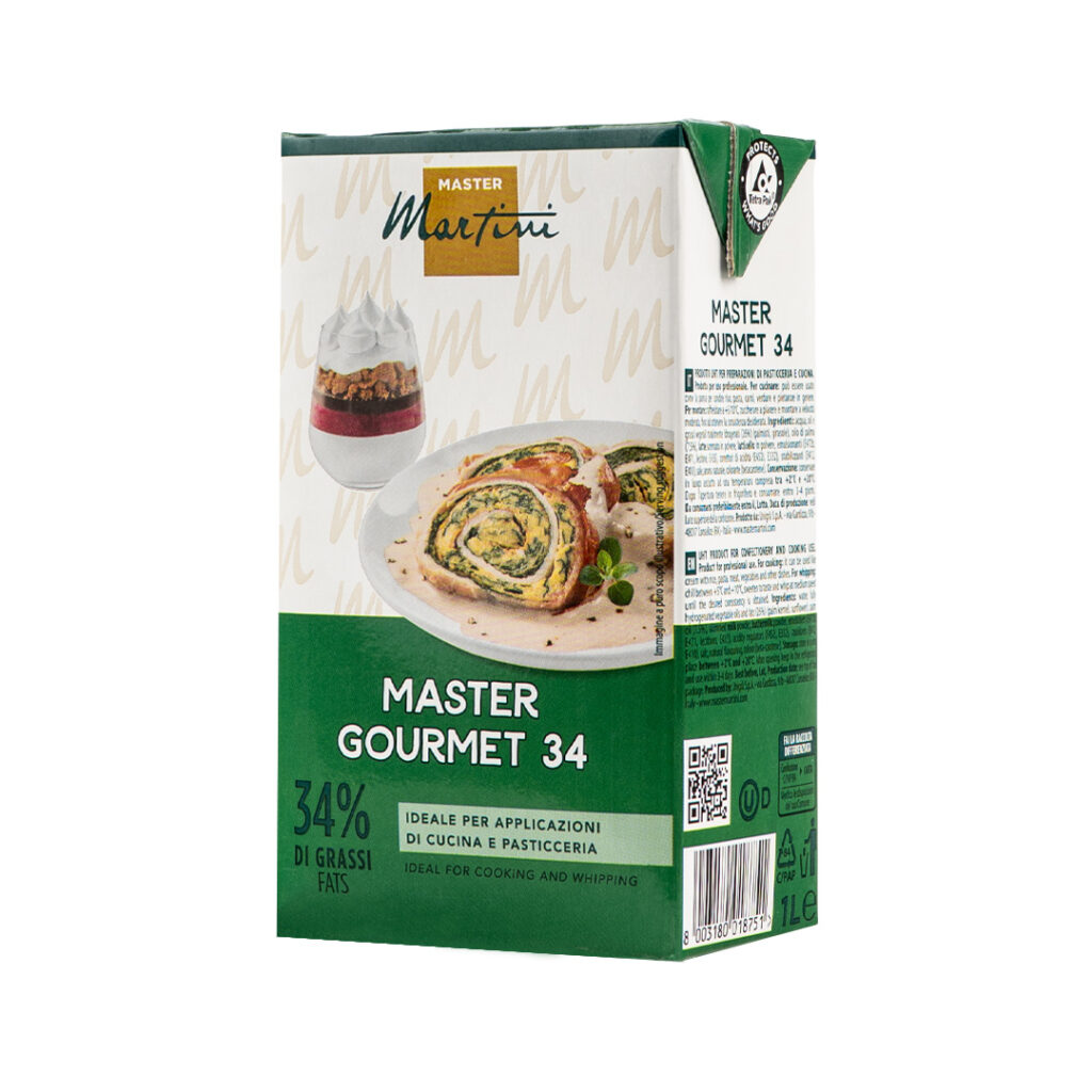 Rastlinná šľahačka Master Gourmet 34 % – nesladená rastlinná smotana vhodná na šľahanie, cukrársku výrobu aj varenie, ideálna do krémov, omáčok, cestovín a slaných jedál; stabilná s profesionálnym výsledkom