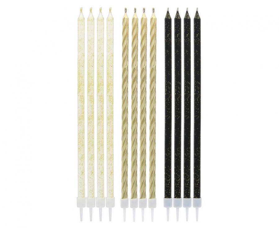 Elegantné zlato čierne sviečky na tortu výška 15cm 12ks v balení