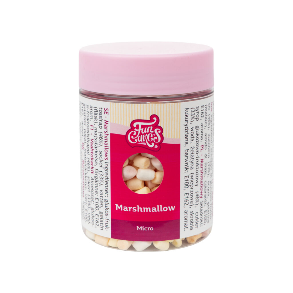 „Micro marshmallows – malé farebné mini marshmallows (biela, žltá, oranžová, ružová) na dekoráciu tort, cupcake a dezertov, balené v praktickej nádobe