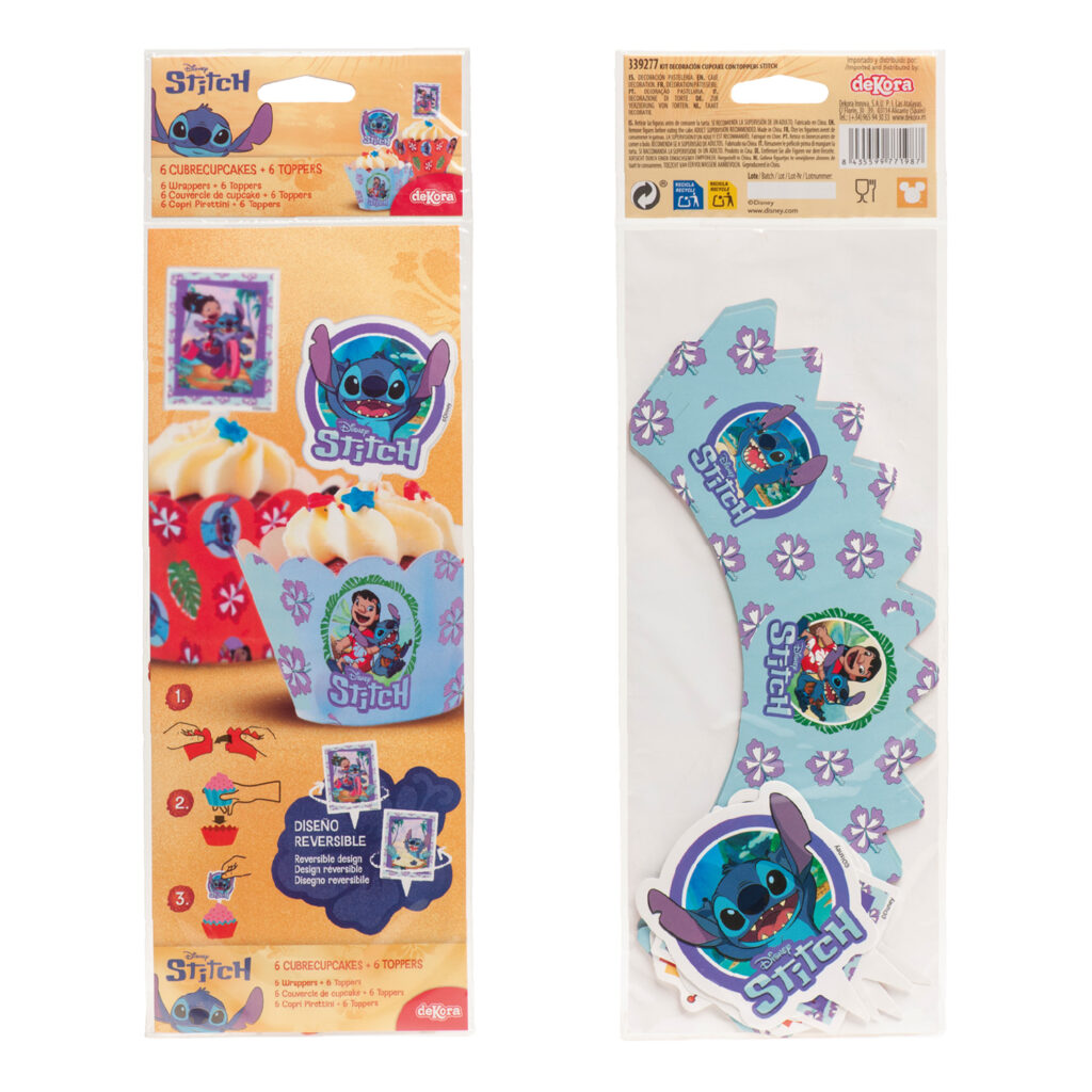 sada košíčkov na muffiny s farebnými zápichmi vhodné na detskú oslavu s motívom rozprávky STITCH